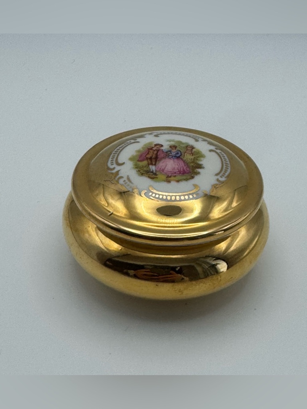 Vintage Golden Romance Trinket Box Fragonard Style Western Germany Gold Tone